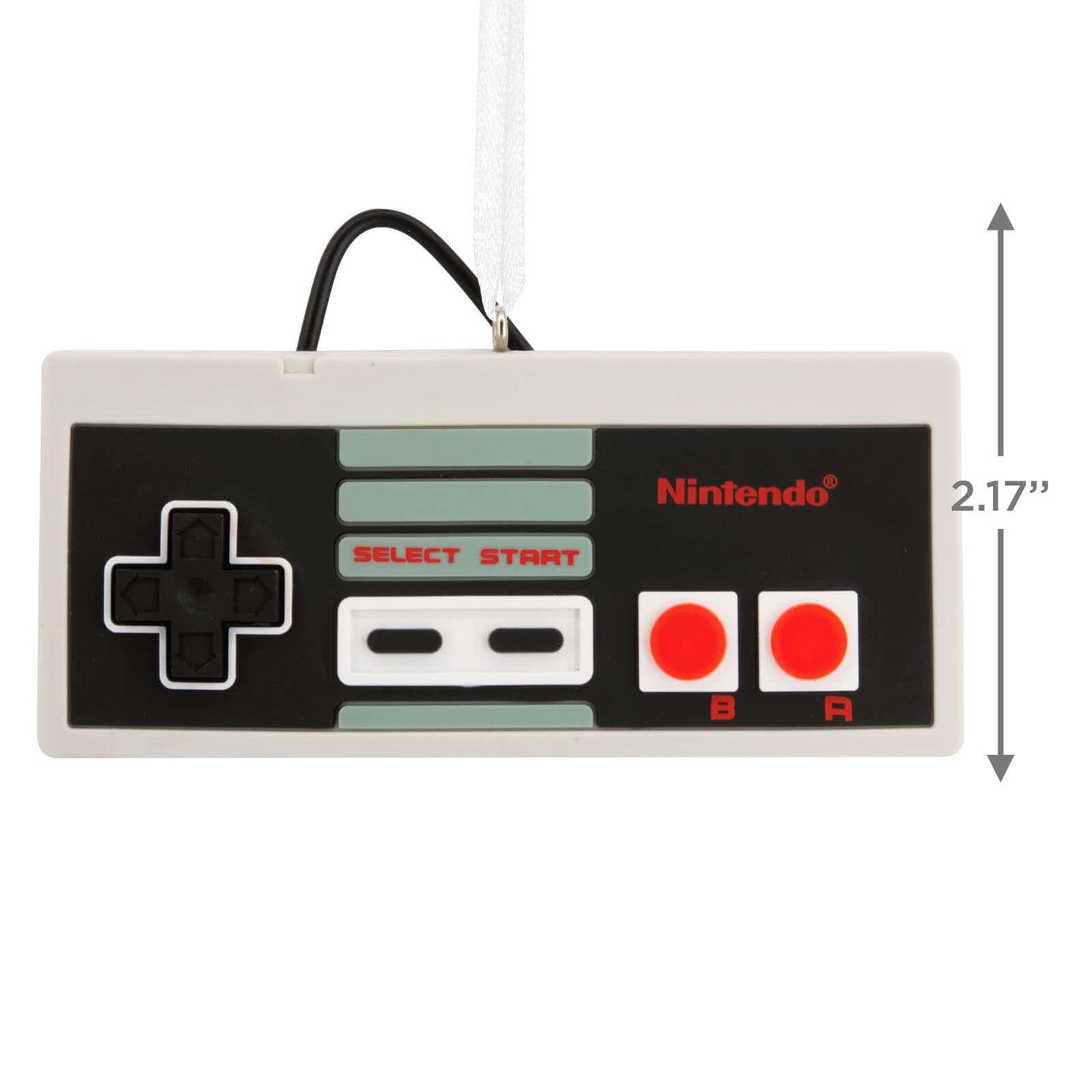 Nintendo Entertainment System Video Game Controller - Hallmark Christmas Ornament, flat lay view showing detail and dimensions of 2.17 inches.
