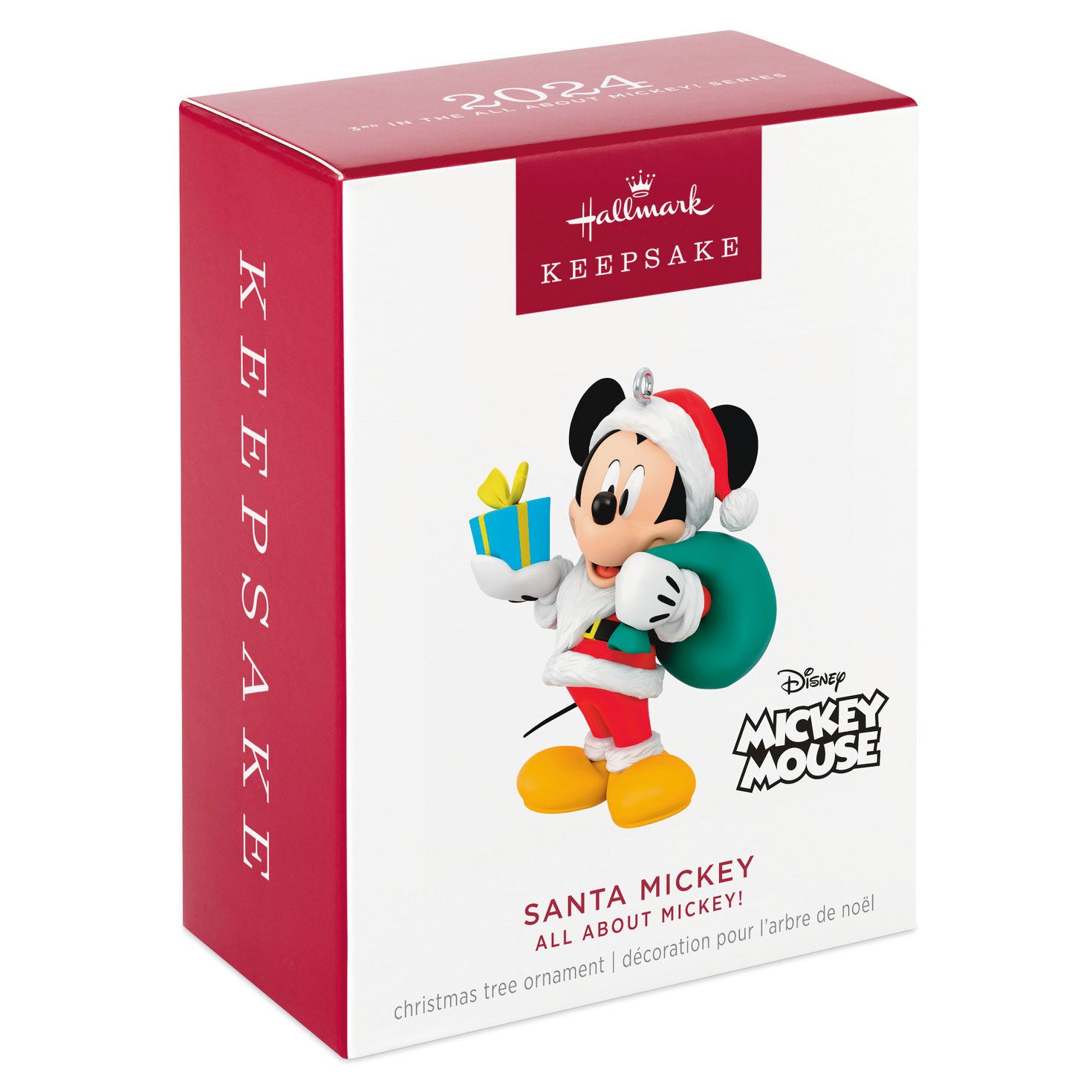Disney All About Mickey! Santa Mickey — Hallmark Keepsake Christmas Ornament in festive packaging with Santa Mickey holding a gift.