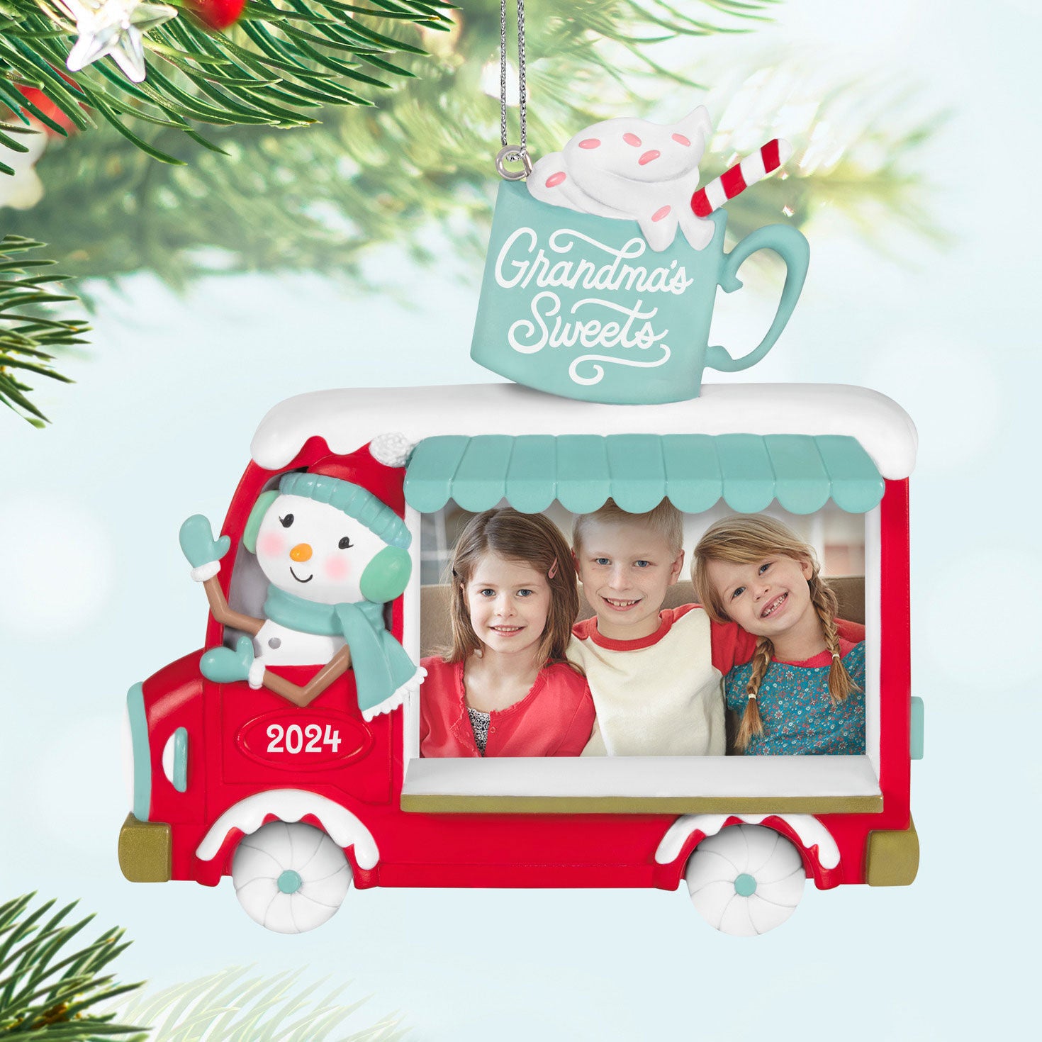 Grandma's Sweets Photo Frame — Hallmark Keepsake Christmas Ornament featuring a snowman food truck with children’s photo, festive design