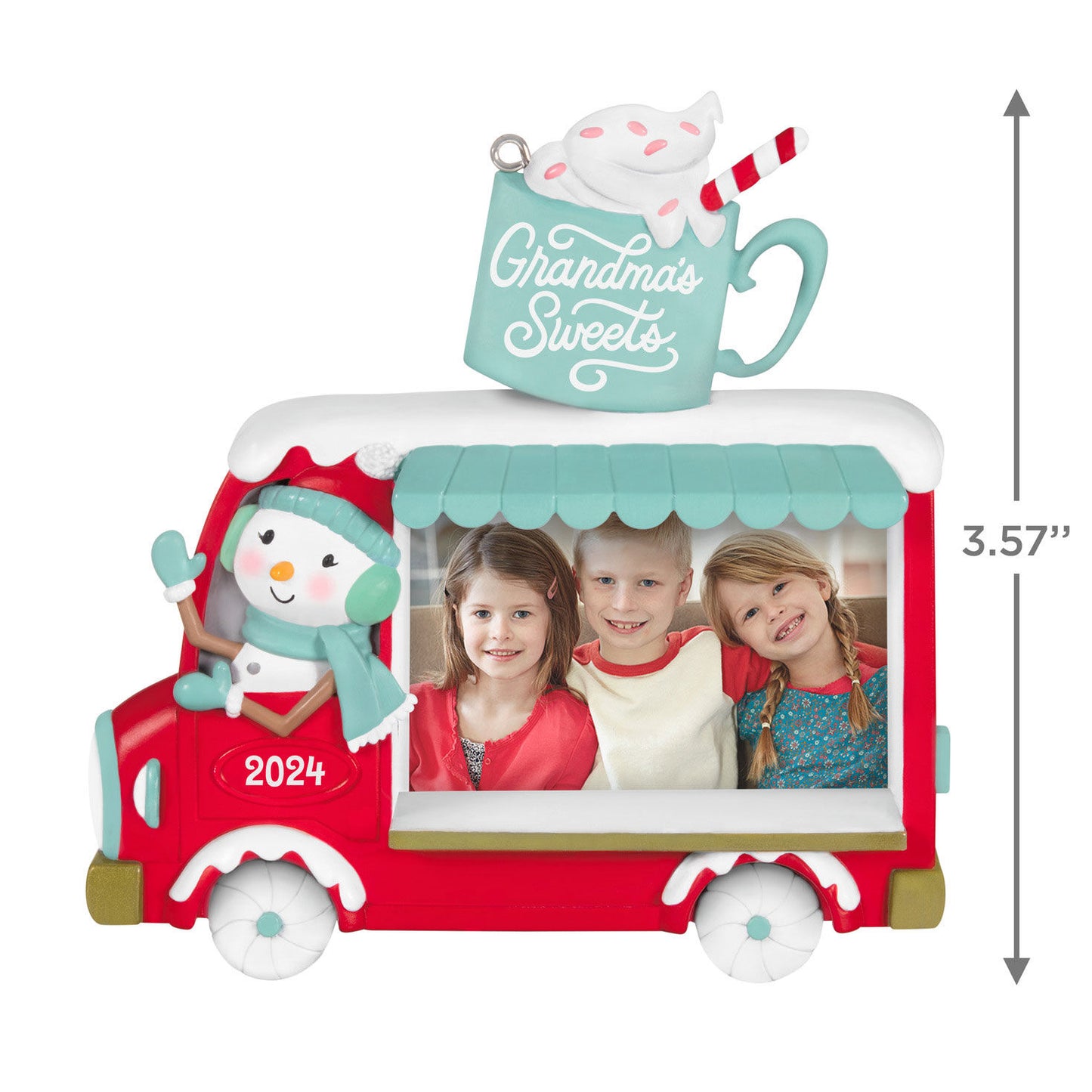 Grandma's Sweets Photo Frame — Hallmark Keepsake Christmas Ornament, red hot chocolate truck, featuring a snowman and a photo window, 9 cm
