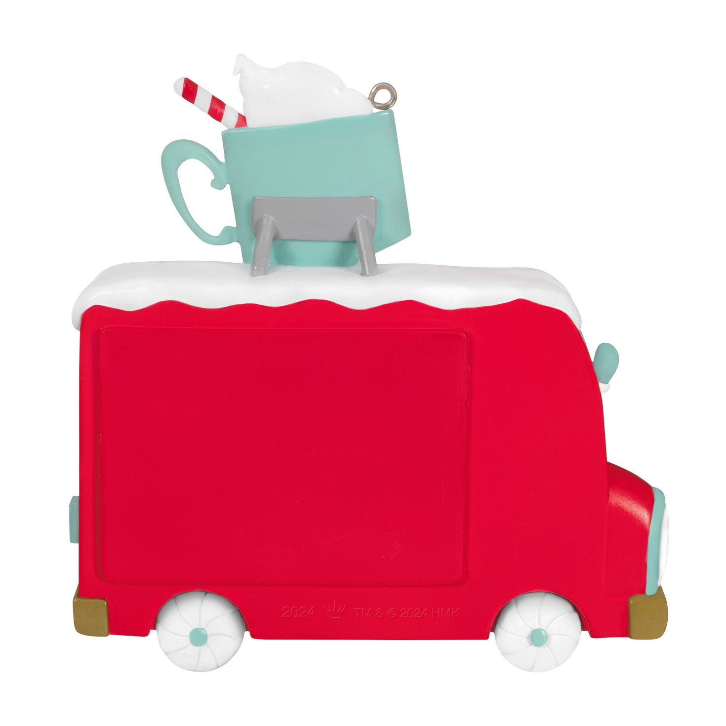 Grandma's Sweets Photo Frame — Hallmark Keepsake Christmas Ornament, bright red hot chocolate food truck with snowman detail, side view.