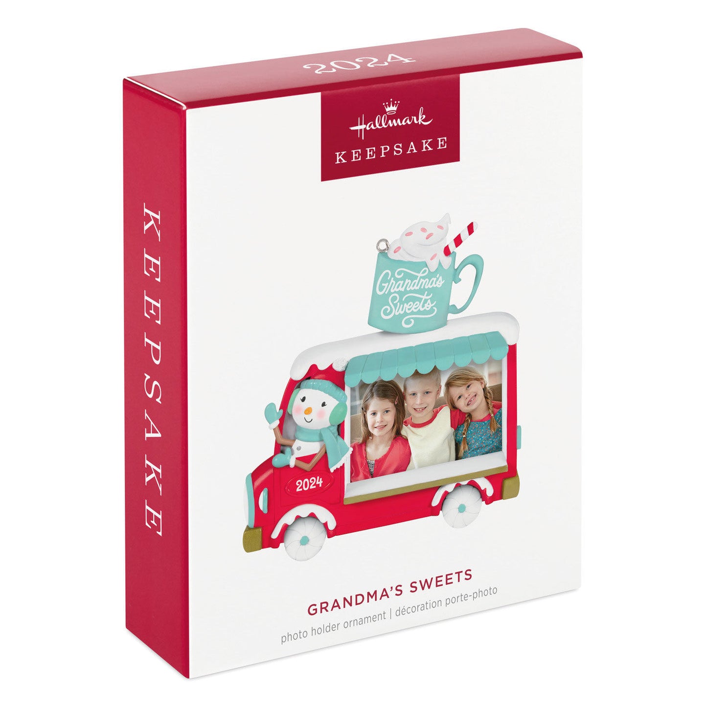 Grandma's Sweets Photo Frame — Hallmark Keepsake Christmas Ornament in festive packaging featuring a hot chocolate food truck design.