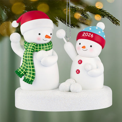 Snowball Fight 2026 Musical — 2026 Hallmark Keepsake Christmas Ornament featuring cheerful snowmen in winter attire with snowballs.