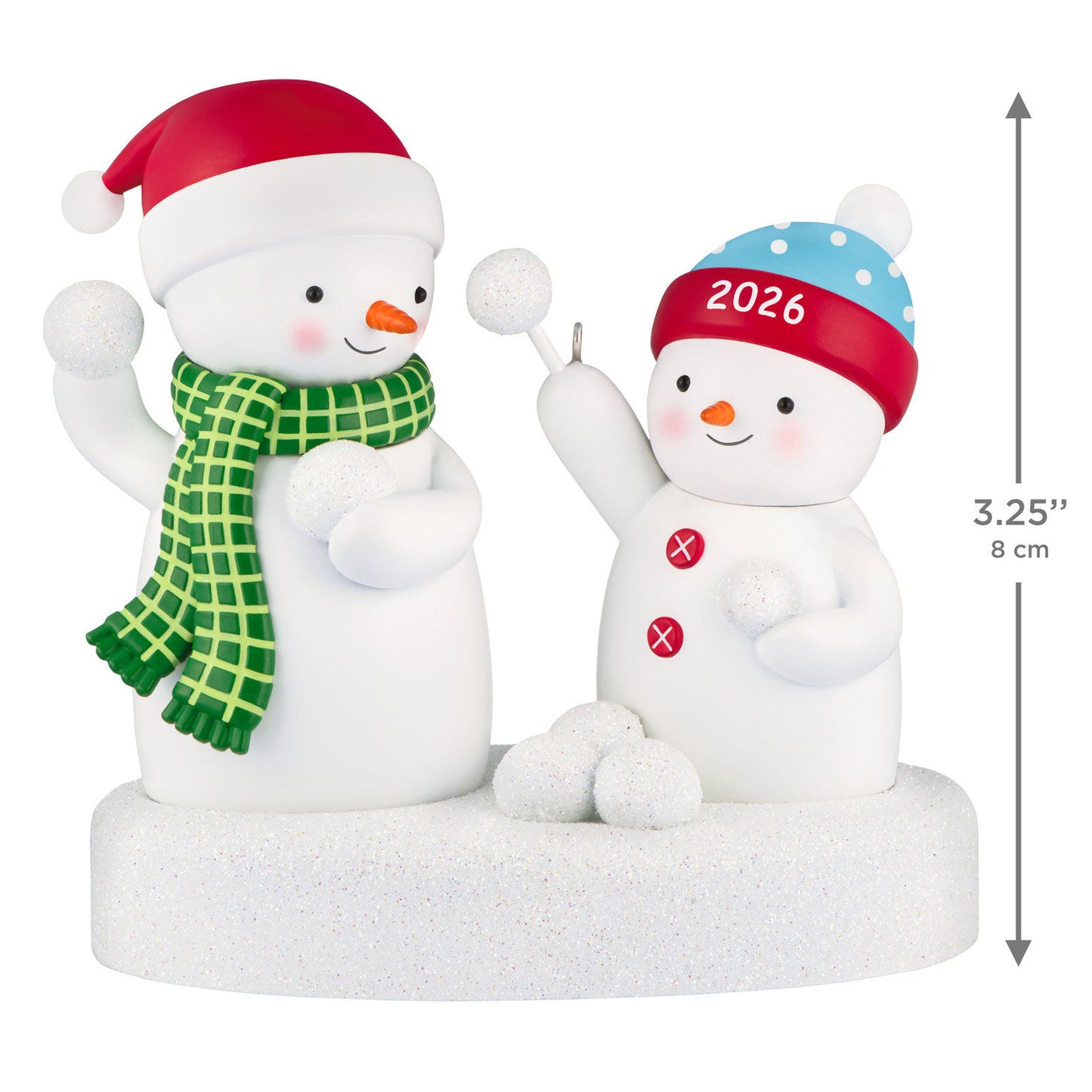 Snowball Fight 2026 Musical — 2026 Hallmark Keepsake Christmas Ornament featuring two playful snowmen throwing snowballs on a snowy base.