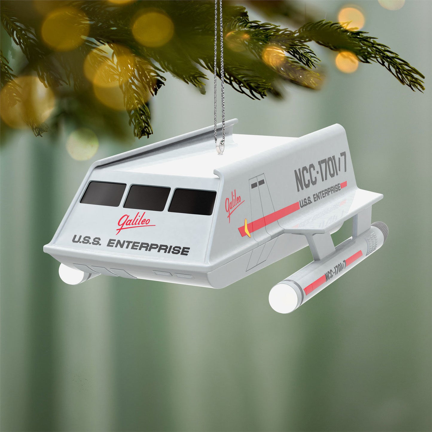 Star Trek™: The Original Series Shuttlecraft Galileo NCC-1701/7 With Sound — 2026 Hallmark Keepsake Christmas Ornament, detailed view, hanging on a tree with festive lights.