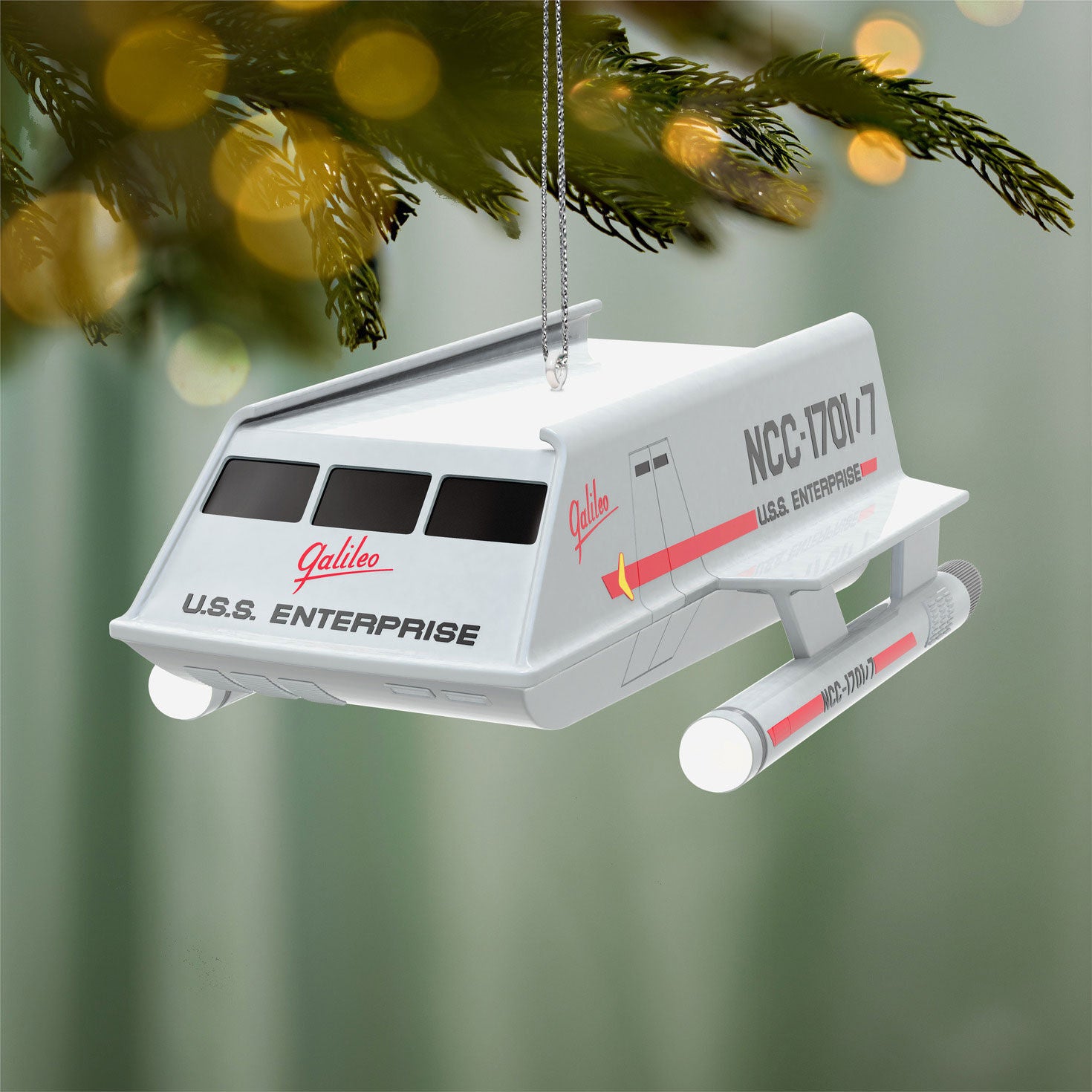 Star Trek™: The Original Series Shuttlecraft Galileo NCC-1701/7 With Sound — 2026 Hallmark Keepsake Christmas Ornament, detailed view, hanging on a tree with festive lights.
