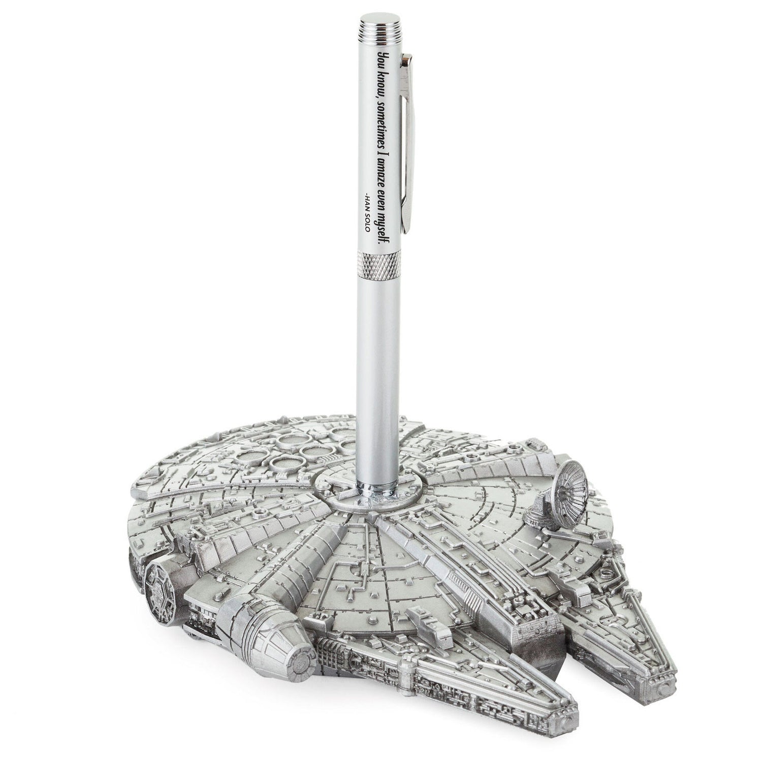Star Wars™ Millennium Falcon™ desk accessory with pen made of resin, featuring detailed ship design and pen holder.