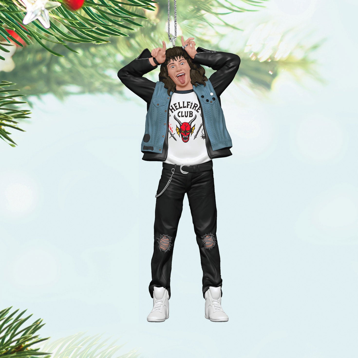 Netflix Stranger Things, Eddie Munson — Hallmark Keepsake Christmas Ornament featuring Eddie in a Hellfire Club T-shirt and leather jacket, hanging from the Christmas tree.