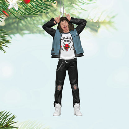 Netflix Stranger Things, Eddie Munson — Hallmark Keepsake Christmas Ornament featuring Eddie in a Hellfire Club T-shirt and leather jacket, hanging from the Christmas tree.