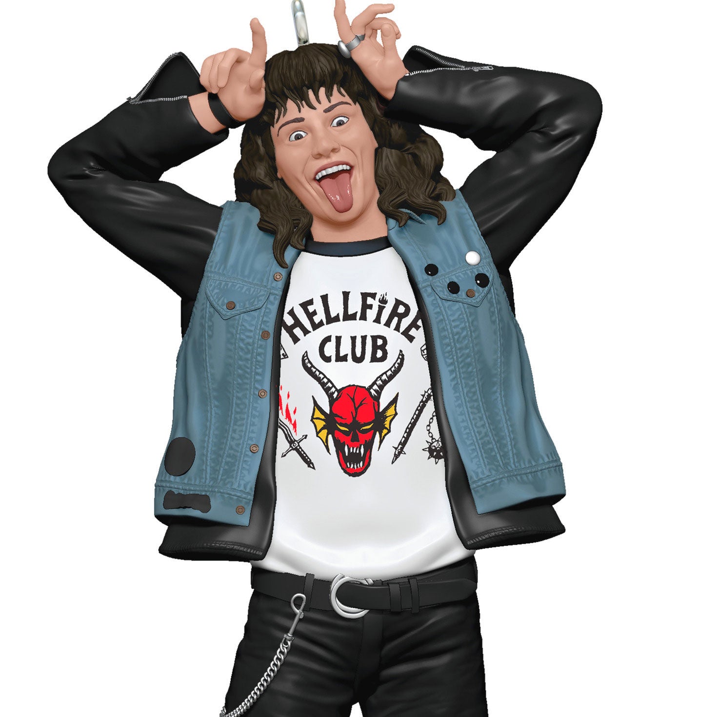 Netflix Stranger Things, Eddie Munson — Hallmark Keepsake Christmas Ornament, detailed figurine in Hellfire Club T-shirt, joyful pose.