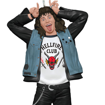 Netflix Stranger Things, Eddie Munson — Hallmark Keepsake Christmas Ornament, detailed figurine in Hellfire Club T-shirt, joyful pose.