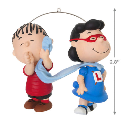 The Peanuts® Gang, Super Lucy and Linus — Hallmark Keepsake Christmas Ornament featuring Lucy in a superhero outfit with Linus and his blue blanket.