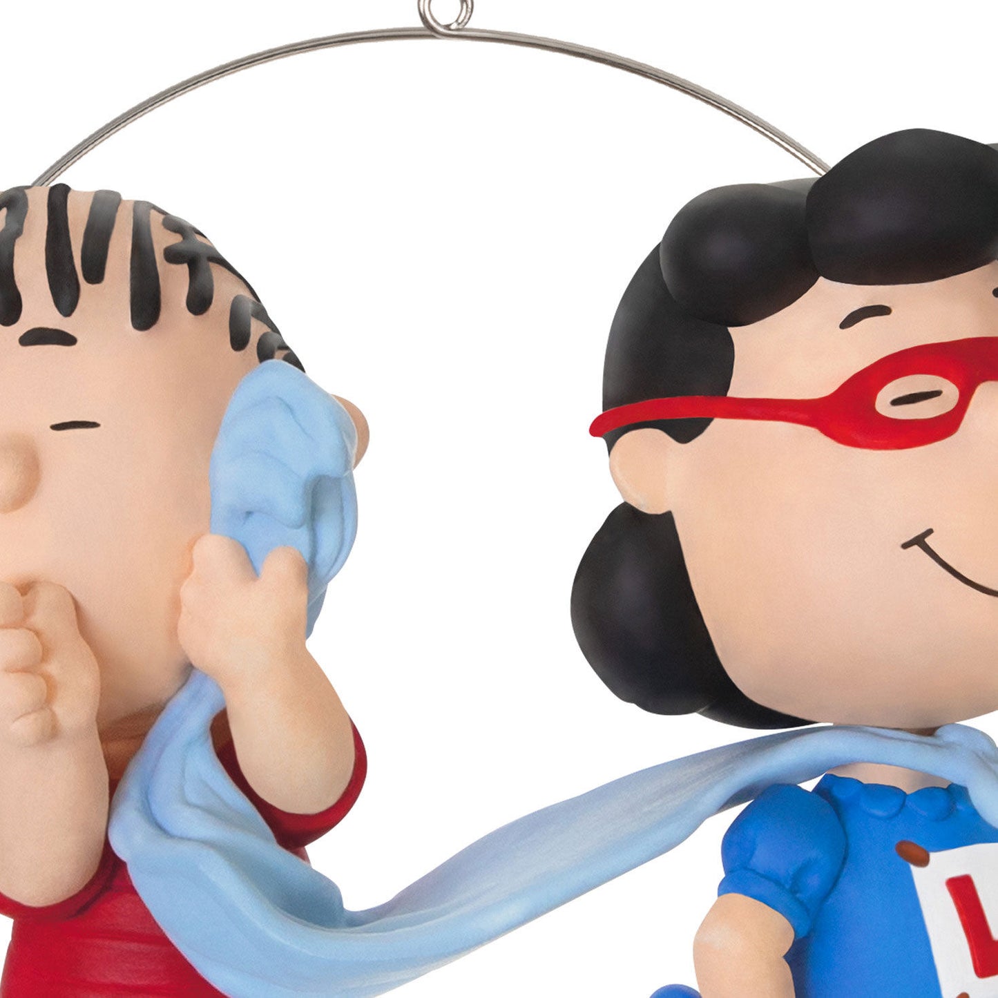 The Peanuts® Gang, Super Lucy and Linus — Hallmark Keepsake Christmas Ornament featuring Lucy in a superhero outfit with Linus holding his blue blanket.