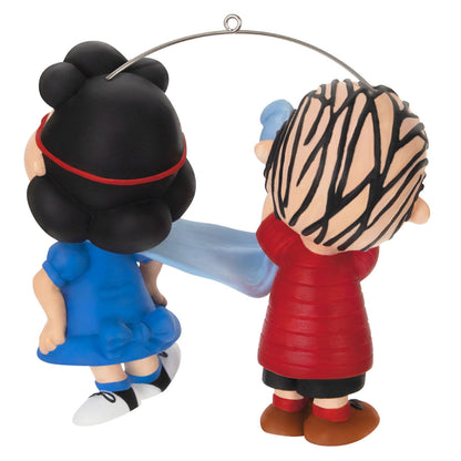 The Peanuts® Gang, Super Lucy and Linus — Hallmark Keepsake Christmas Ornament featuring a back view of Lucy in blue and Linus in red, holding a blue blanket.