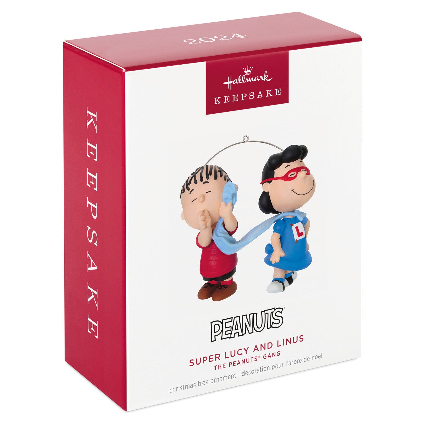 The Peanuts® Gang, Super Lucy and Linus — Hallmark Keepsake Christmas Ornament in gift box with designer packaging and 2024 date.