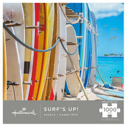 Surf's Up! 1,000-Piece Puzzle featuring bright surfboards against a Hawaiian beach backdrop, showcasing a vibrant tropical scene.