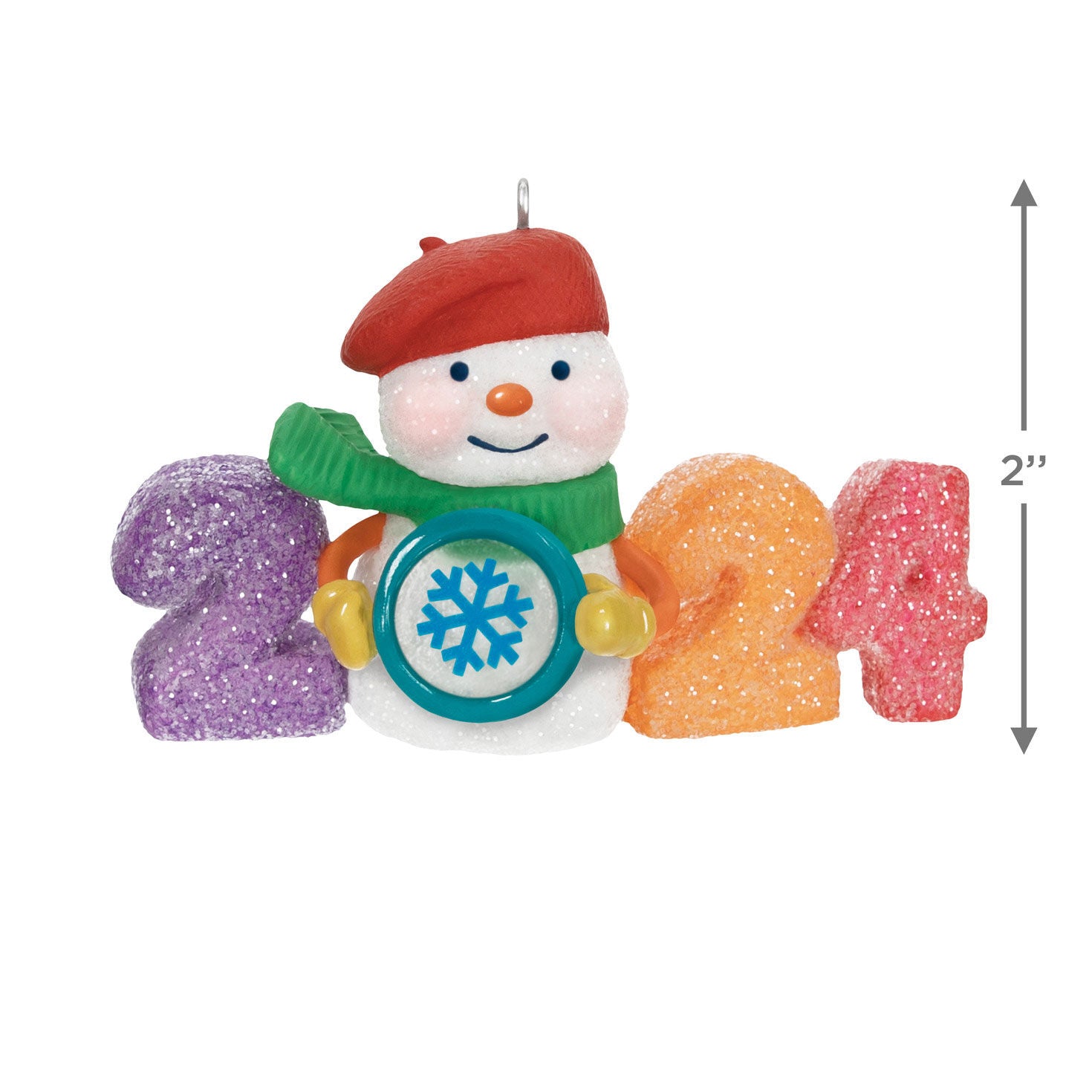Sweet Decade — 2024 Hallmark Keepsake Christmas Ornament featuring a glittery snowman and colourful gumdrop numbers in a close-up view.