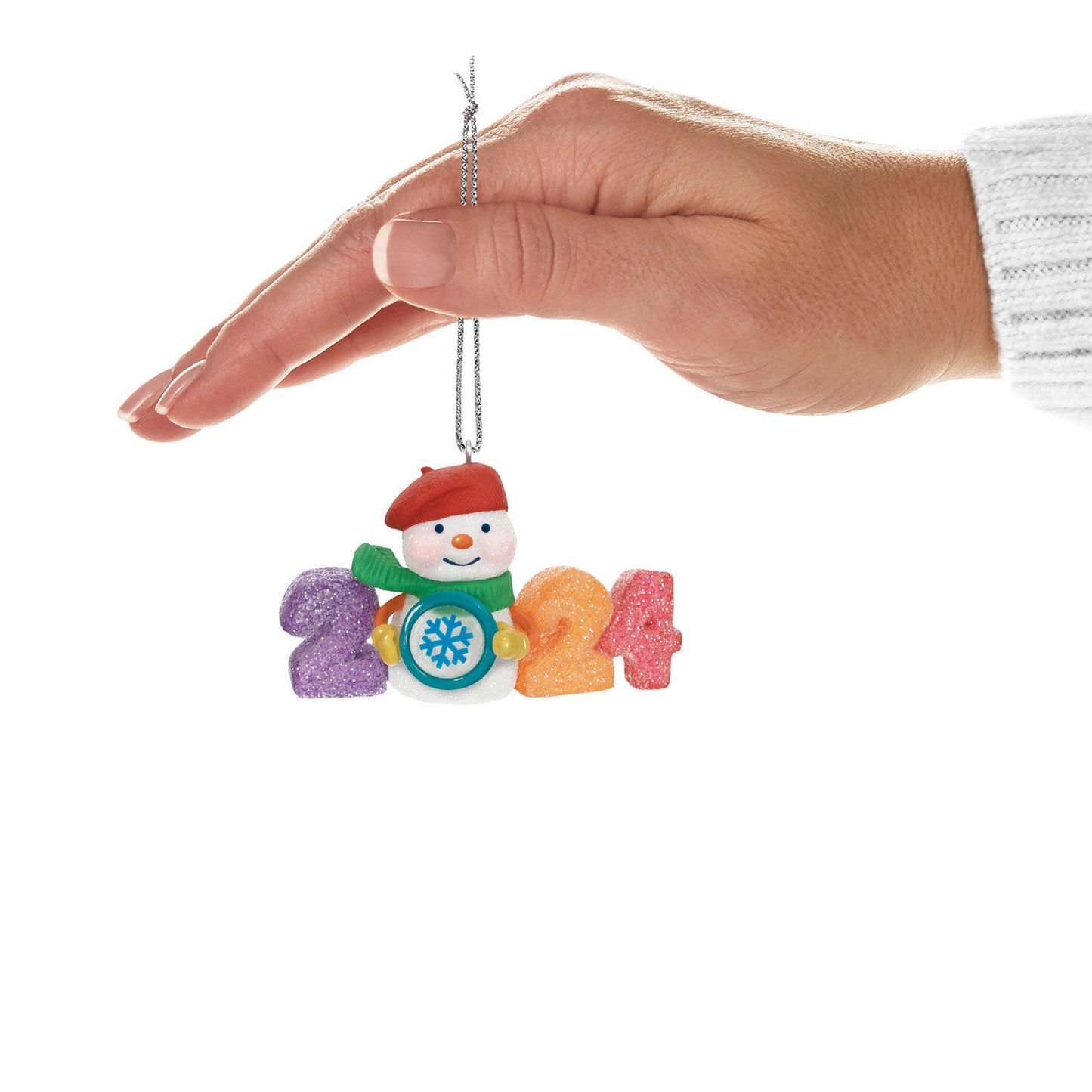 Sweet Decade — 2024 Hallmark Keepsake Christmas Ornament hand held snowman with colourful gumdrop numbers 2, 0, 2, 4.