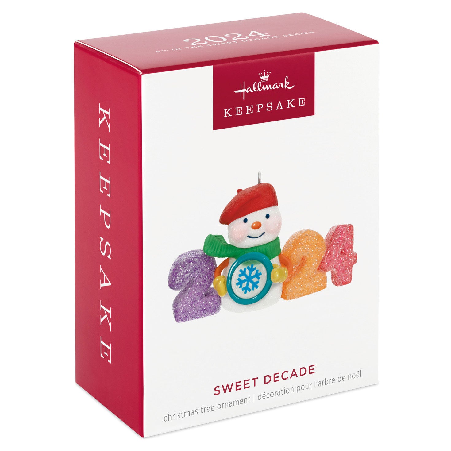 Sweet Decade — 2024 Hallmark Keepsake Christmas Ornament featuring a glittery snowman and colourful number packaging with festive design.