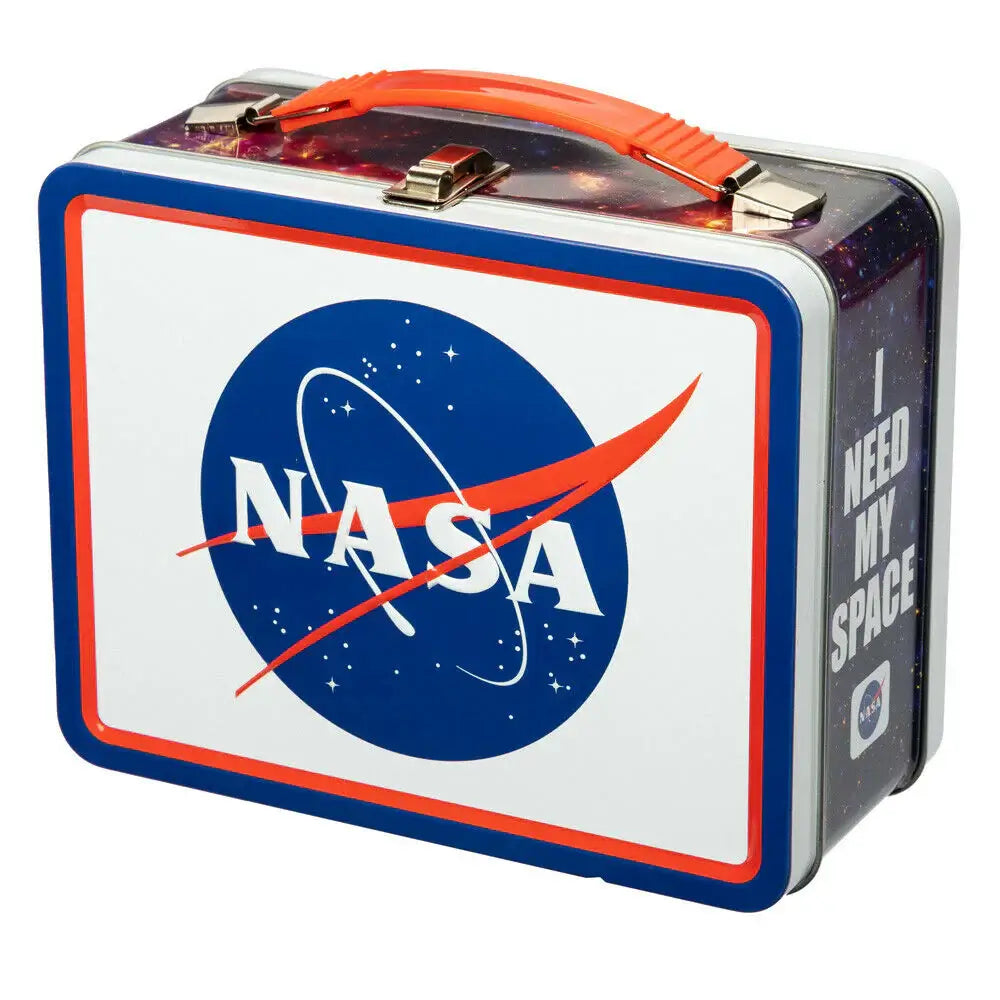 NASA tin carry all fun box with orange handle and embossed logo, showcasing a space-themed design and motivational text.