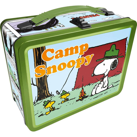 Peanuts® Beagle Scout Fun Box, metal lunchbox with Camp Snoopy design, featuring Snoopy wearing a green scout hat.