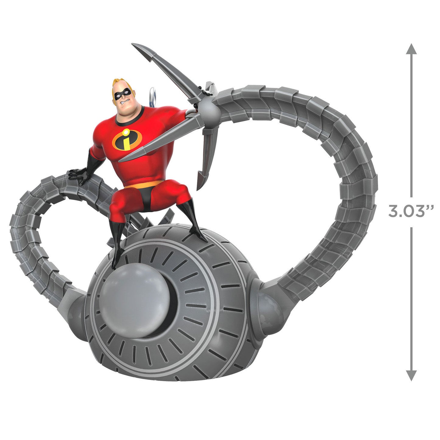 Disney and Pixar The Incredibles, 20th Anniversary Battling the Omnidroid — Hallmark Keepsake Christmas Ornament featuring Mr. Incredible on a grey Omnidroid base, angled view.