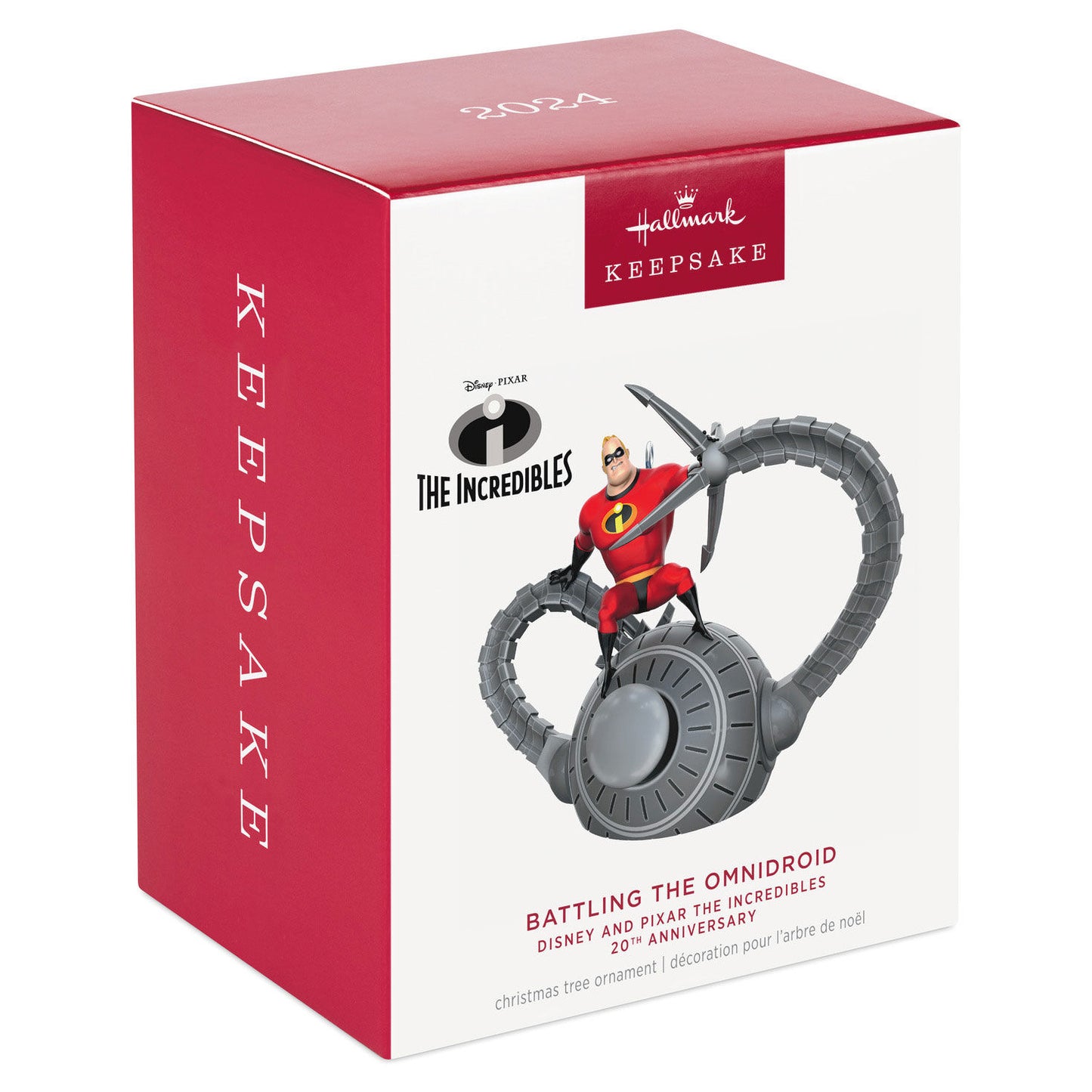 Disney and Pixar The Incredibles, 20th Anniversary Battling the Omnidroid — Hallmark Keepsake Christmas Ornament packaging box with colourful design.