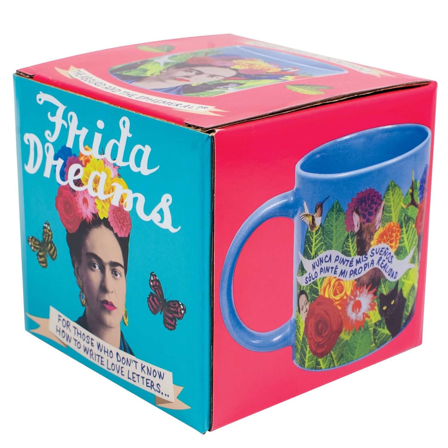 Unemployed Philosophers Guild - Frida Kahlo Mug, 10 oz, blue ceramic mug with colourful floral design and quote in Spanish, boxed presentation.