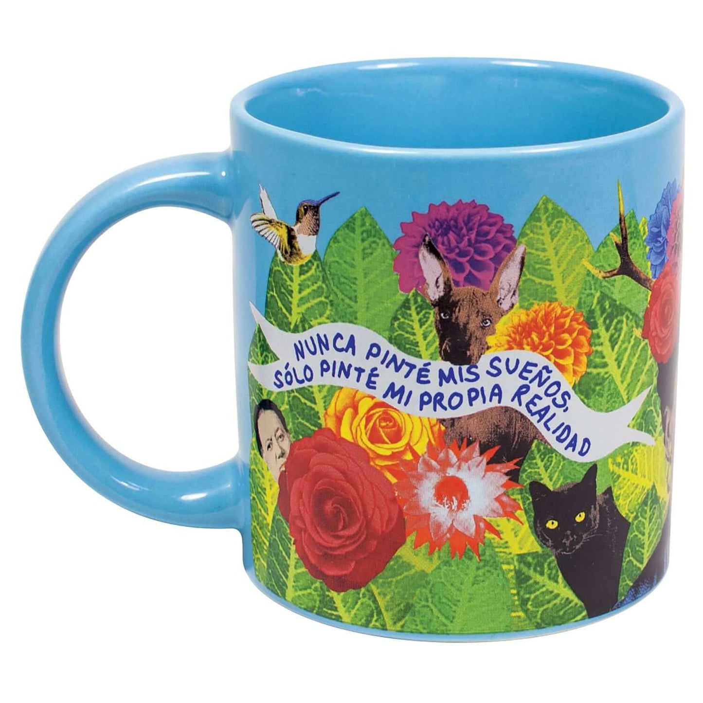 Unemployed Philosophers Guild - Frida Kahlo Mug with vibrant floral design and Spanish quote, angled view