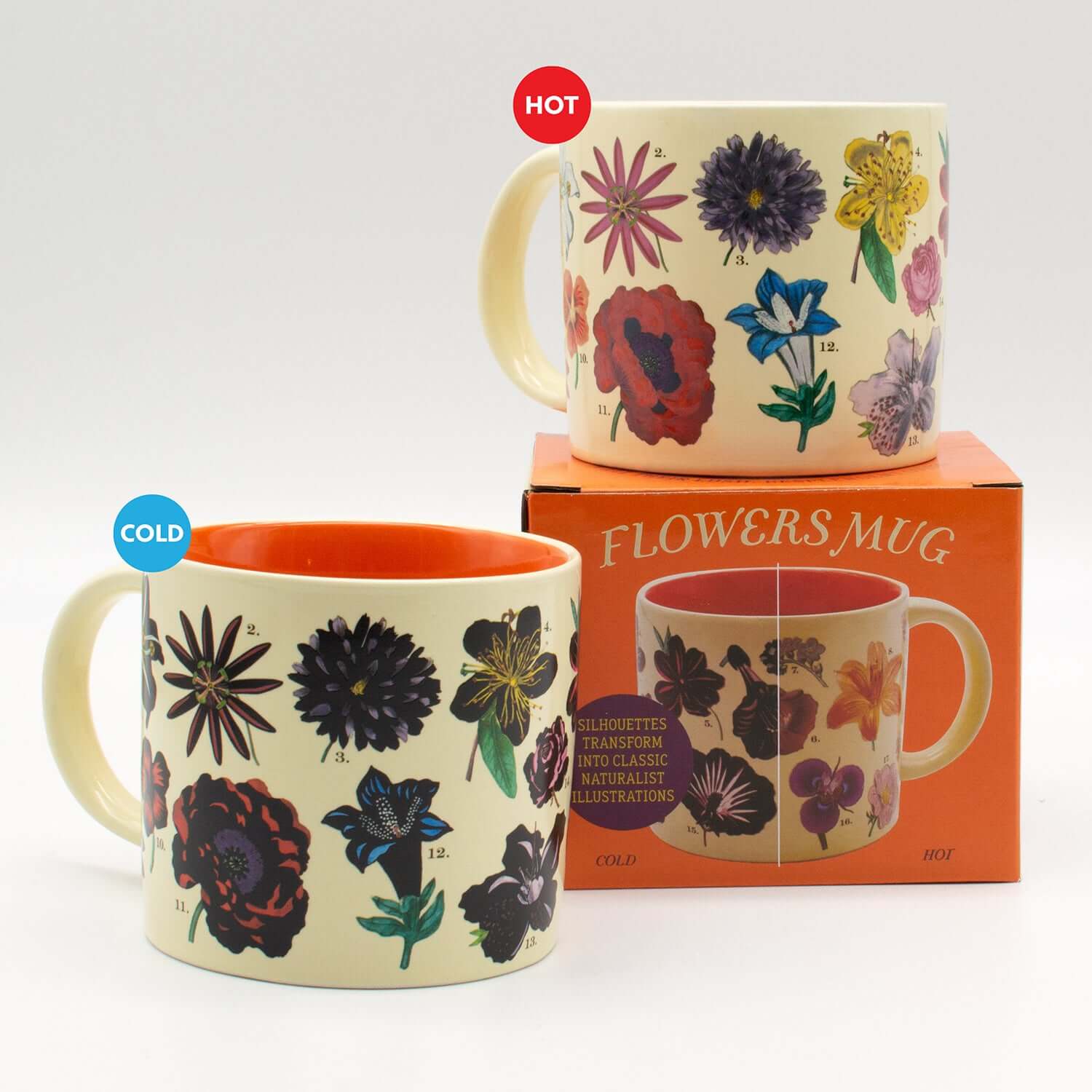 Unemployed Philosophers Guild - Flowers Mug with heat-transforming floral illustrations, showing cold and hot states, 14 oz size.