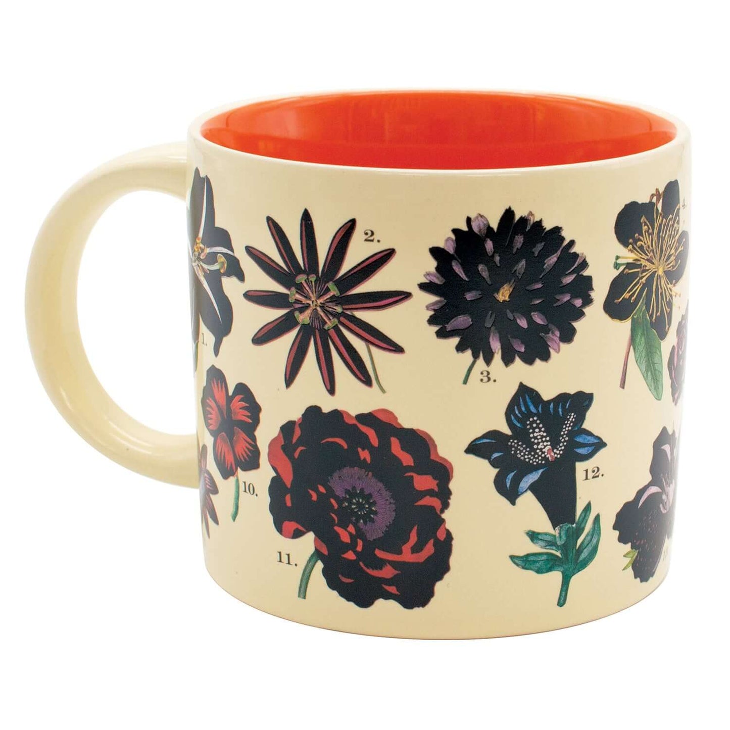 Unemployed Philosophers Guild - Flowers Mug featuring floral designs on a cream background with an orange interior, showcasing 12 flower species.