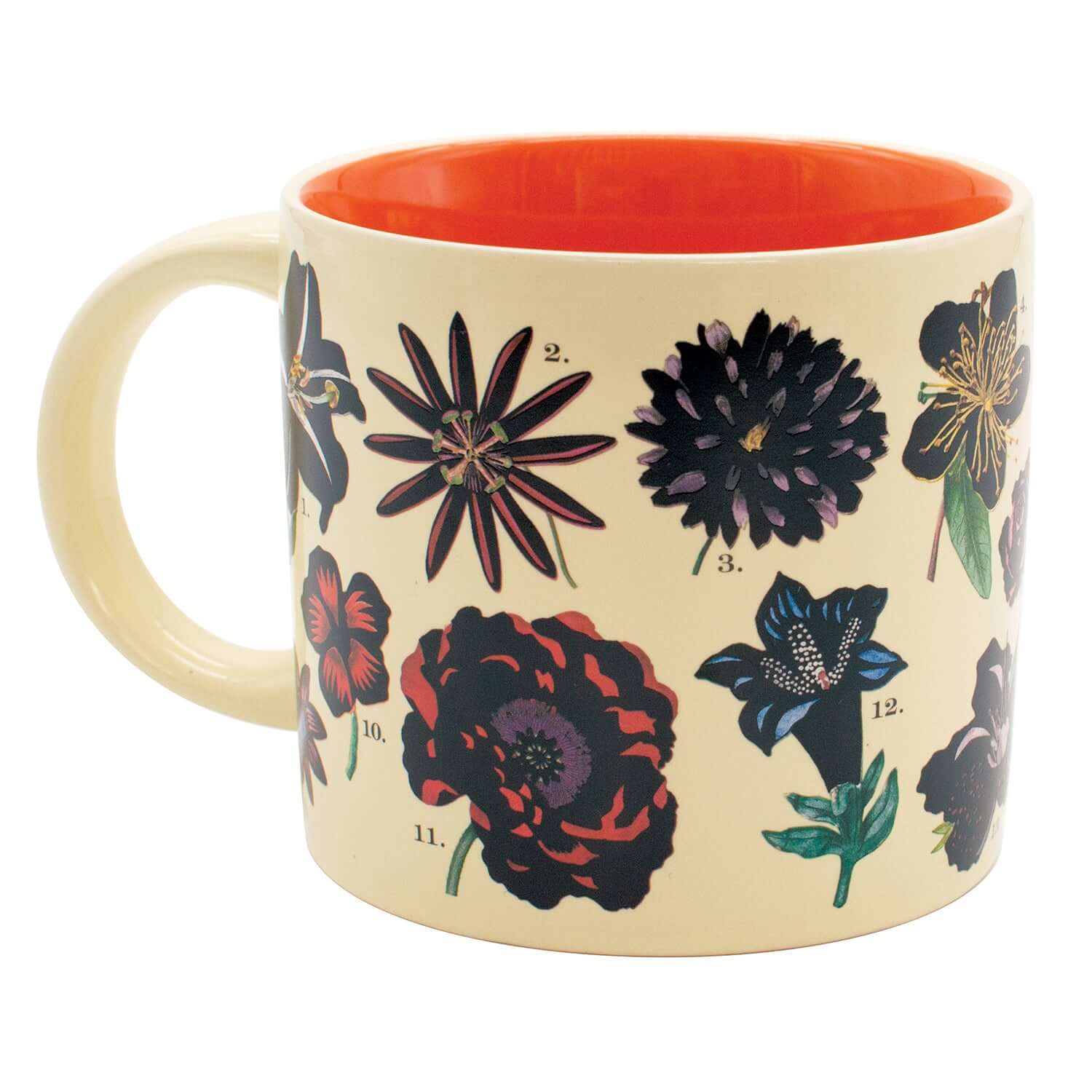 Unemployed Philosophers Guild - Flowers Mug featuring floral designs on a cream background with an orange interior, showcasing 12 flower species.