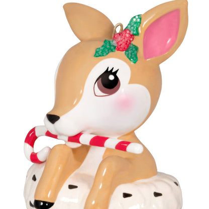 Vintage Reindeer Porcelain — Hallmark Keepsake Christmas Ornament, charming reindeer with candy cane detail, close-up view.