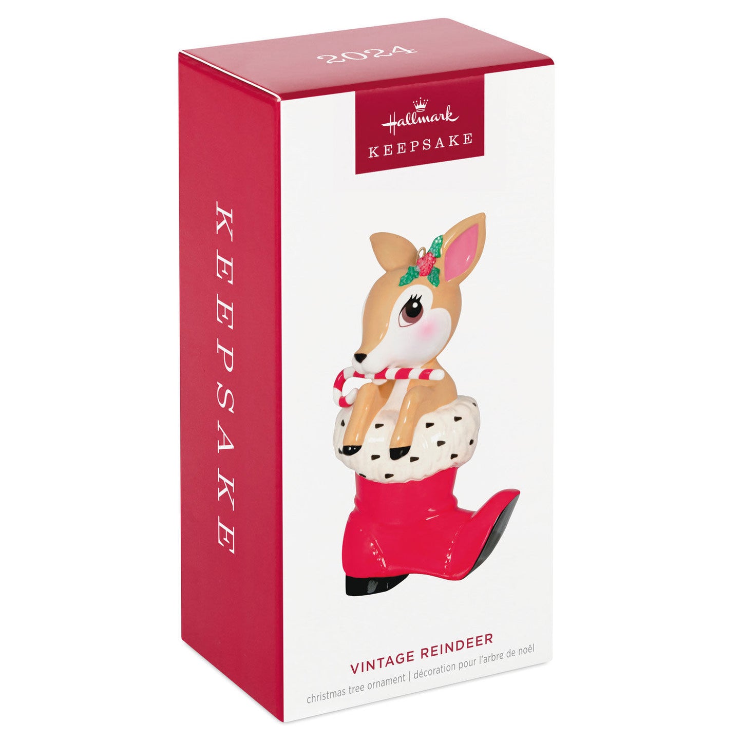 Vintage Reindeer Porcelain — Hallmark Keepsake Christmas Ornament in gift packaging, featuring a reindeer with a candy cane in a red boot.