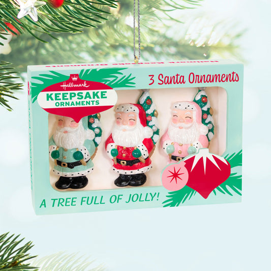 Nifty Fifties — Hallmark Keepsake Christmas Ornament, three vintage Santa Claus figures in retro packaging, festive holiday decor.