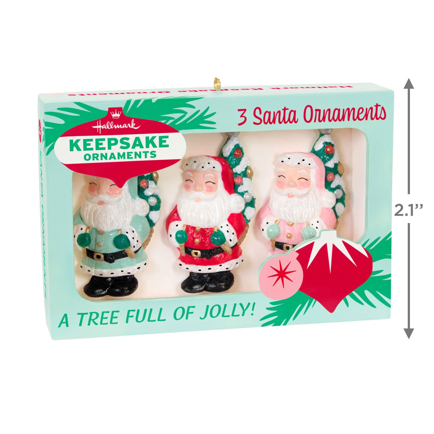 Nifty Fifties — Hallmark Keepsake Christmas Ornament set featuring three vintage-styled Santa ornaments in a retro box with dimensions.
