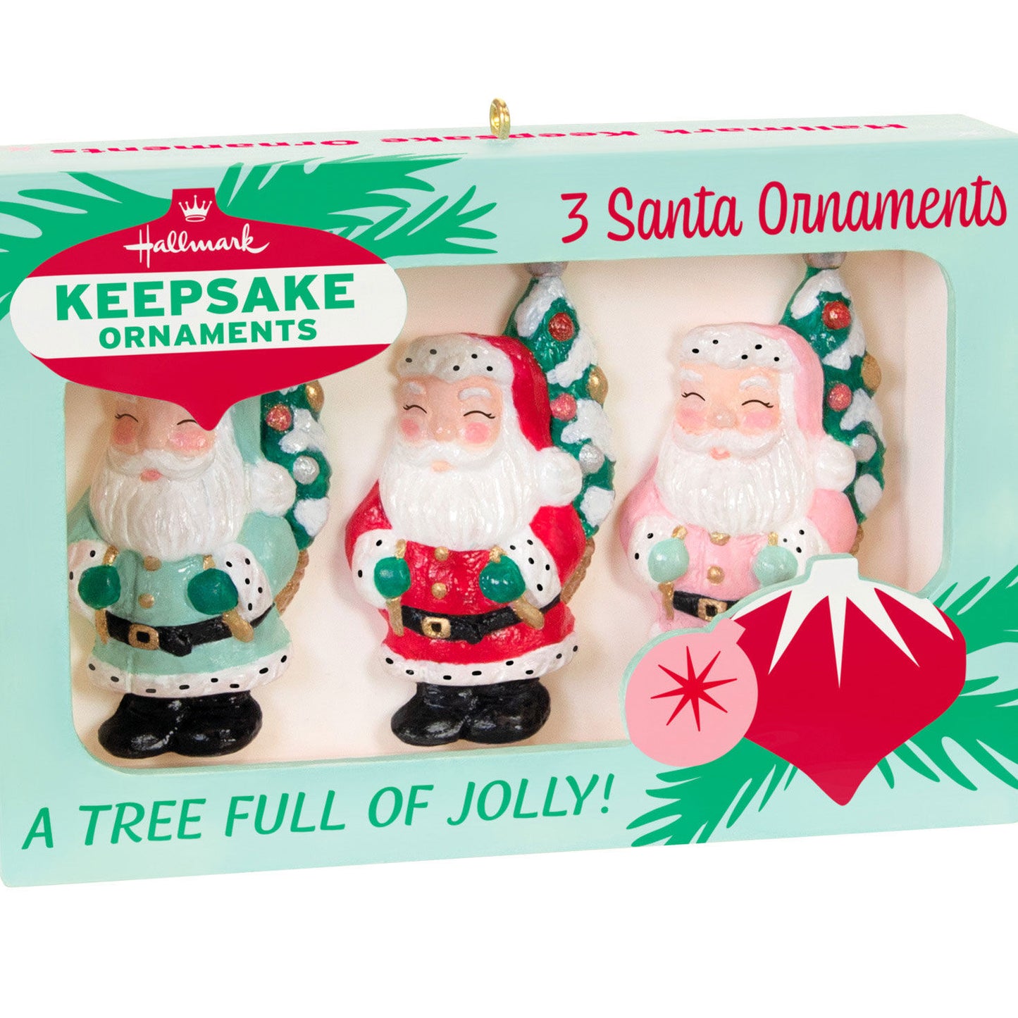 Nifty Fifties — Hallmark Keepsake Christmas Ornament featuring three vintage Santa ornaments in a retro box, detailed packaging view.