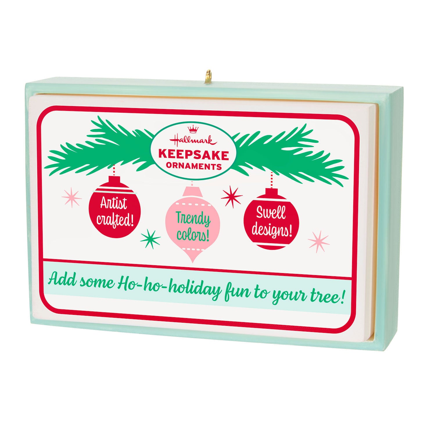 Nifty Fifties — Hallmark Keepsake Christmas Ornament, retro-inspired packaging design featuring pink and green colours.