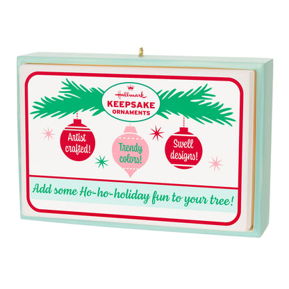 Nifty Fifties — Hallmark Keepsake Christmas Ornament, retro-inspired packaging design featuring pink and green colours.