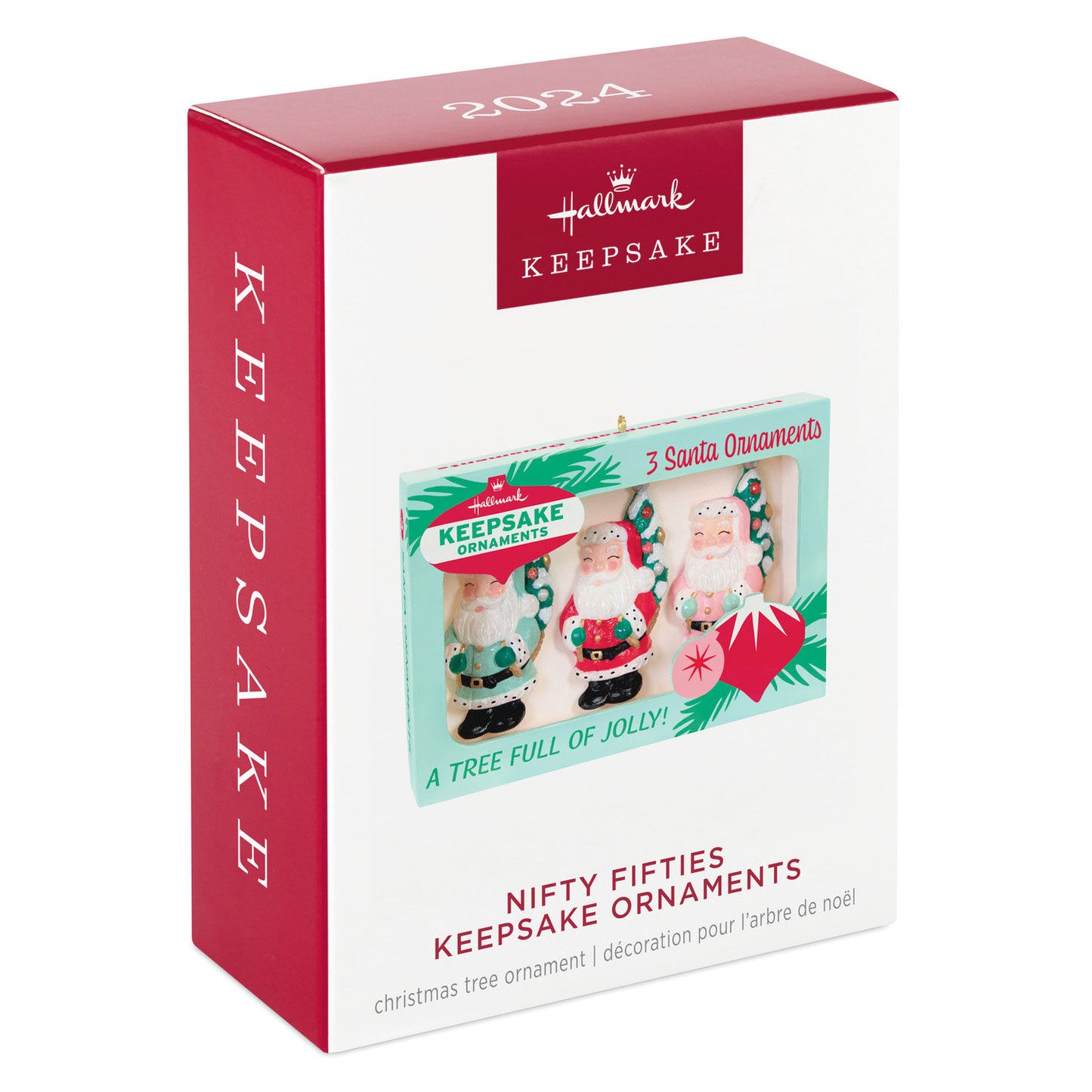 Nifty Fifties — Hallmark Keepsake Christmas Ornament, retro box packaging with three vintage Santa ornaments.