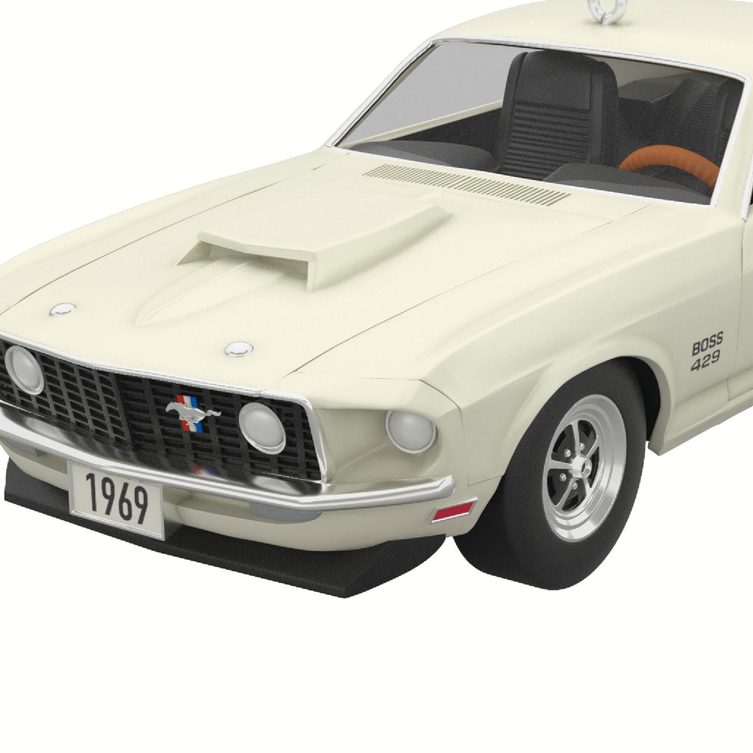 Lil' Classic Cars 1969 Ford Mustang Boss 429 (Miniature) — Hallmark Keepsake Christmas Ornament, detailed front view showcasing hood scoop and licence plate.