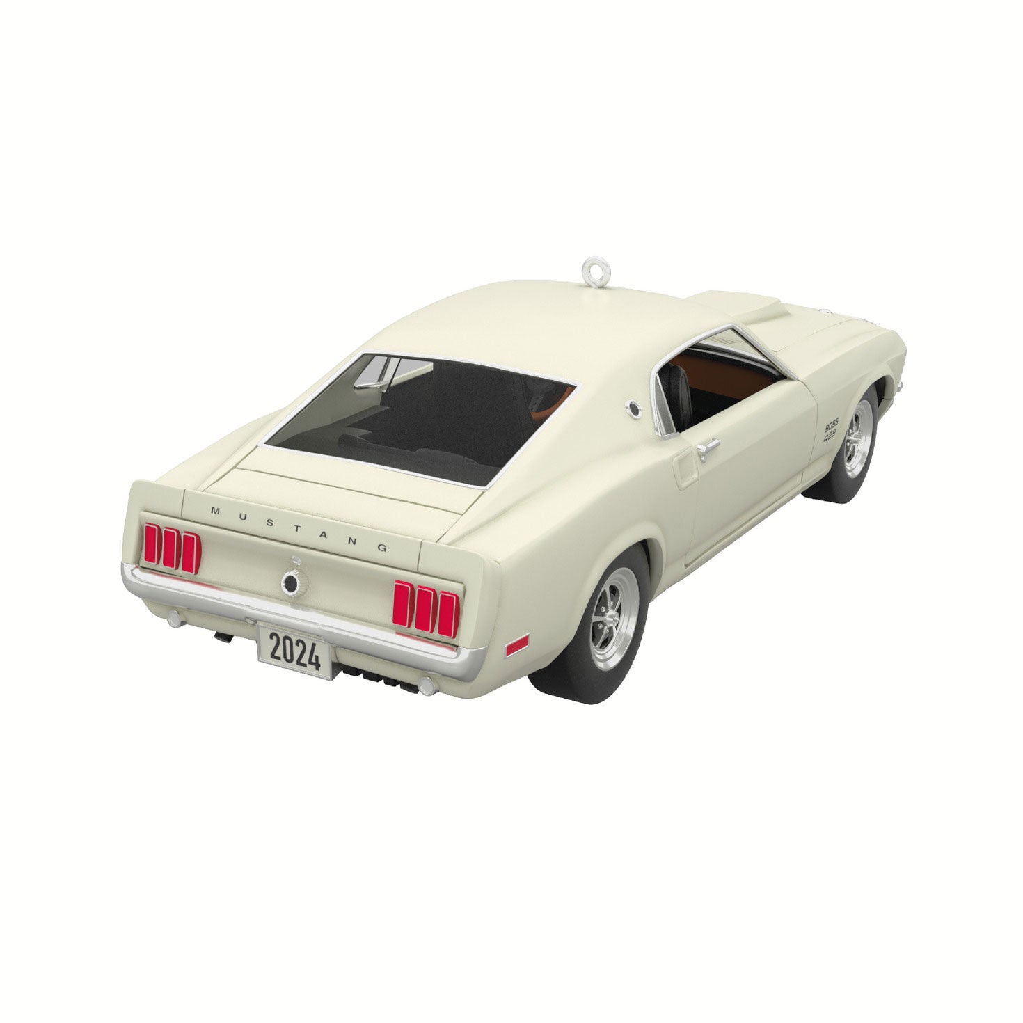 Lil' Classic Cars 1969 Ford Mustang Boss 429 (Miniature) — Hallmark Keepsake Christmas Ornament, rear view, featuring detailed design and 2024 license plate.