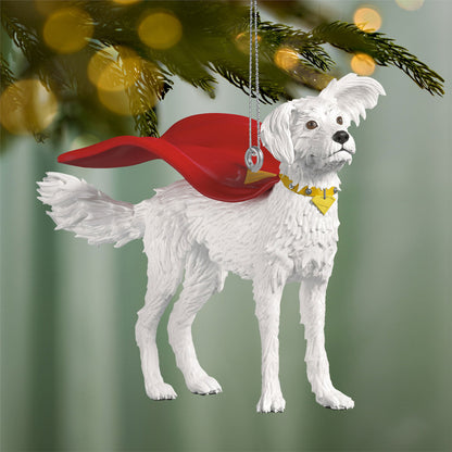 DC™ Superman™ Krypto the Superdog™ — 2026 Hallmark Keepsake Christmas Ornament featuring a white dog with a red cape and yellow collar, hanging from a Christmas tree.