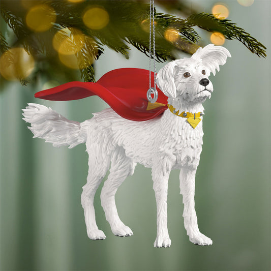 DC™ Superman™ Krypto the Superdog™ — 2026 Hallmark Keepsake Christmas Ornament featuring a white dog with a red cape and yellow collar, hanging from a Christmas tree.