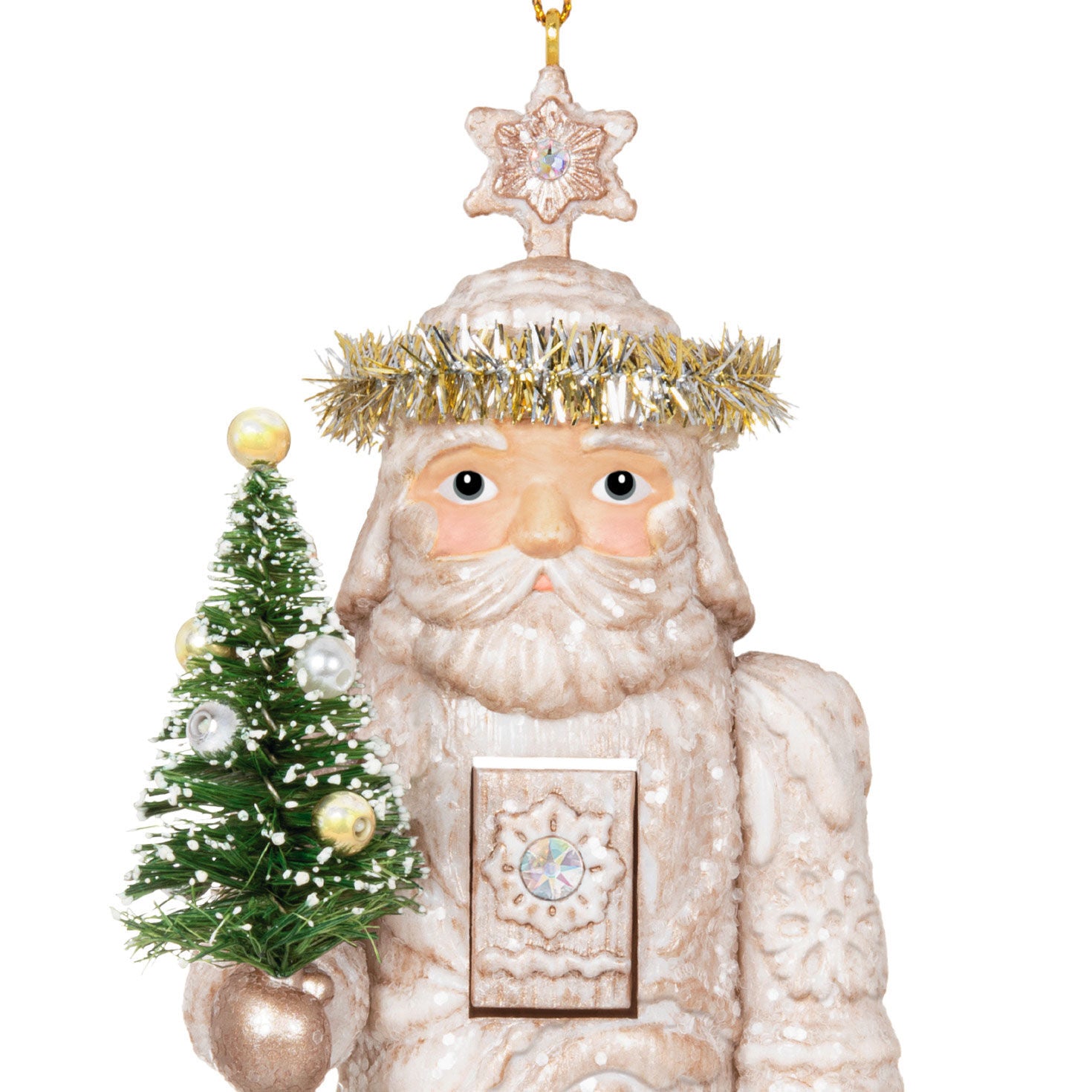 Noble Nutcrackers Earl of Snowfall — Hallmark Keepsake Christmas Ornament, elegant nutcracker holding small Christmas tree in winter attire.