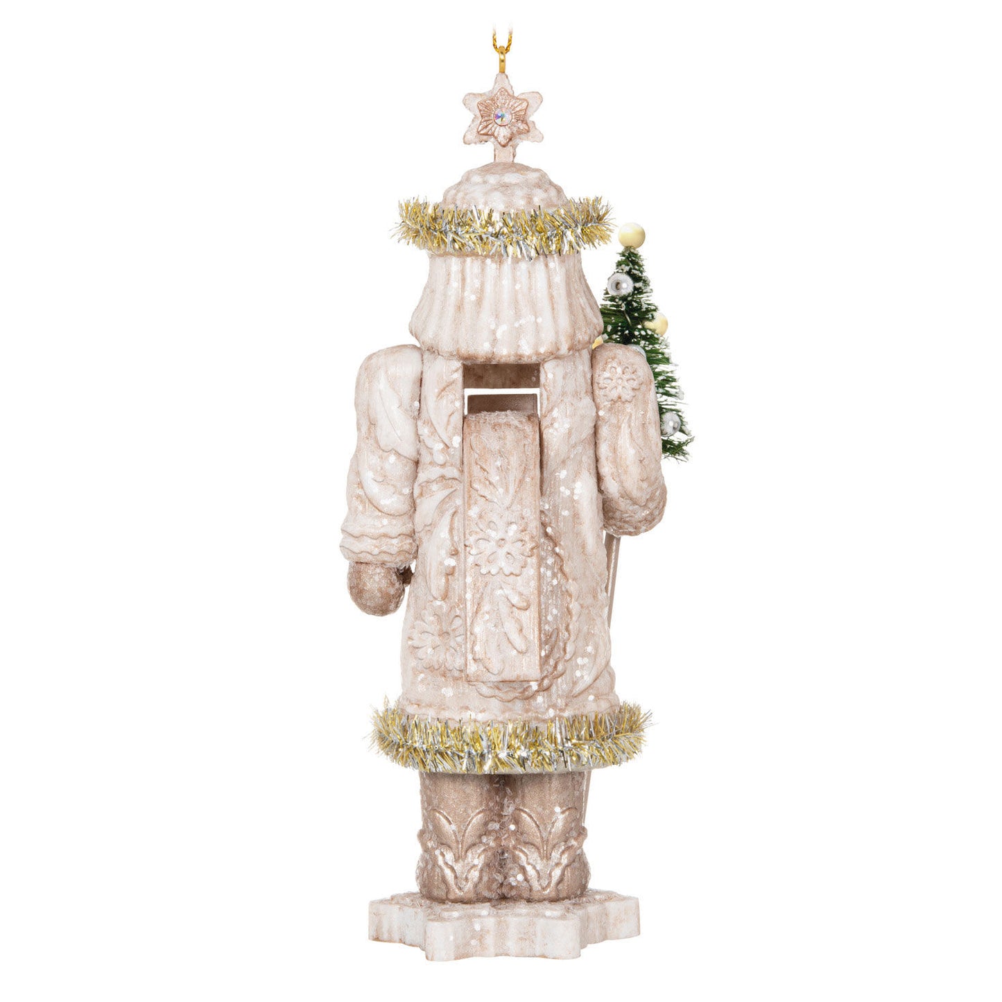 Noble Nutcrackers Earl of Snowfall — Hallmark Keepsake Christmas Ornament, elegant nutcracker, winter white, rear view with evergreen staff