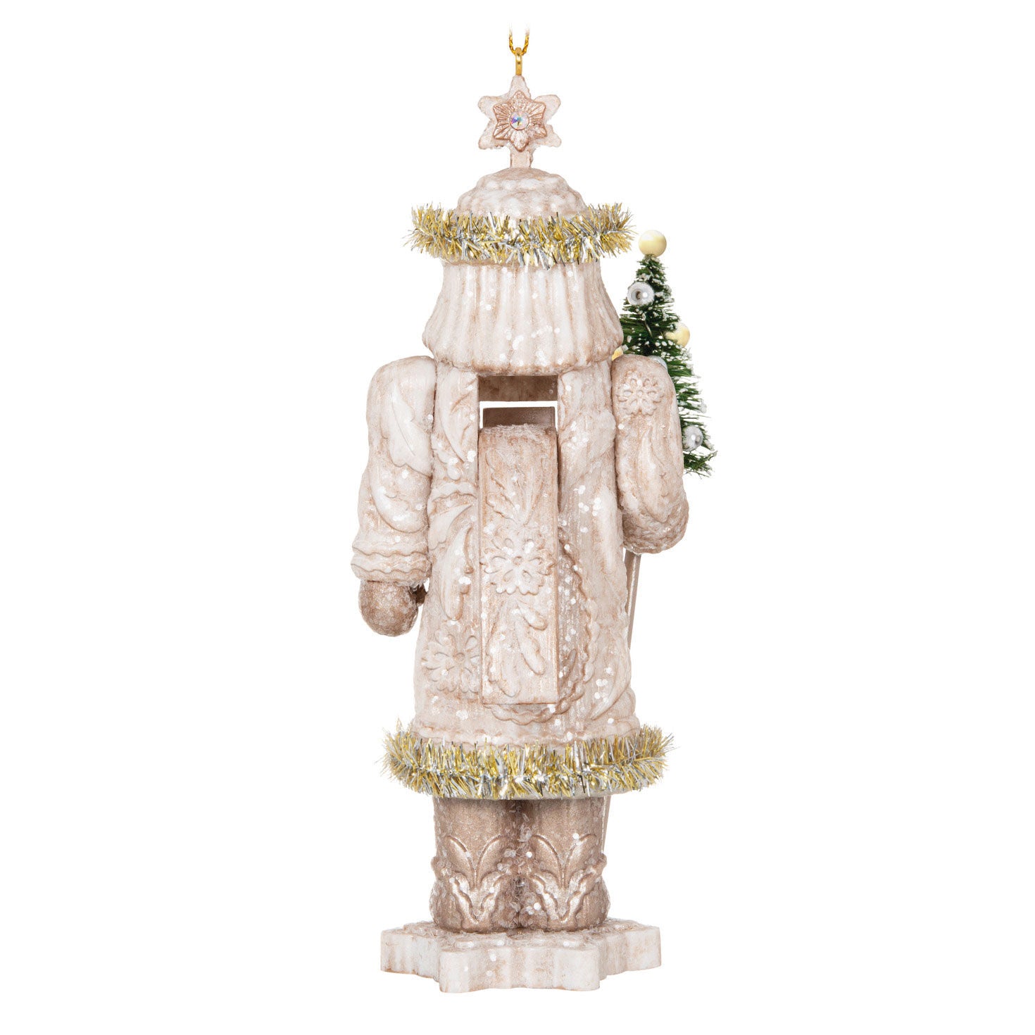 Noble Nutcrackers Earl of Snowfall — Hallmark Keepsake Christmas Ornament, elegant nutcracker, winter white, rear view with evergreen staff