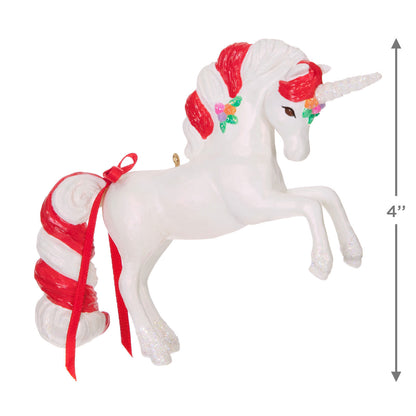 Sweet Unicorn — Hallmark Keepsake Christmas Ornament with candy cane-striped mane and glittery details, angled view, 4" tall.