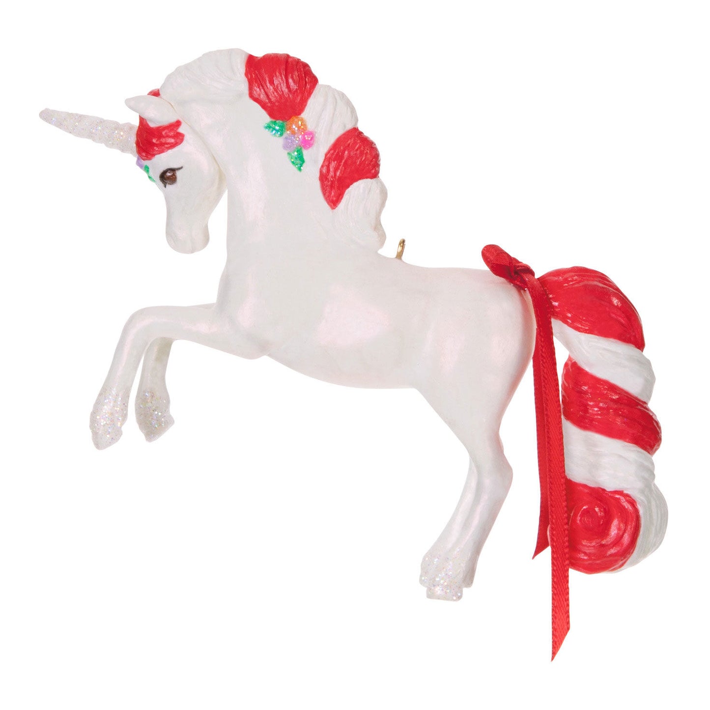 Sweet Unicorn — Hallmark Keepsake Christmas Ornament, festive design, red and white candy cane mane, angled view