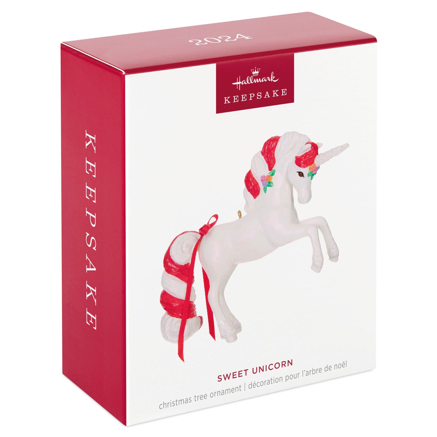 Sweet Unicorn — Hallmark Keepsake Christmas Ornament in gift packaging, featuring candy cane-striped mane and tail.